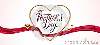 Mothers Day greeting card. Golden metal realistic 3d heart with calligraphy and red ribbon. Vector Illustration